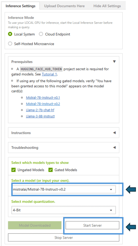 Figure 3 - NVIDIA AI Workbench Chat Application Inference Settings