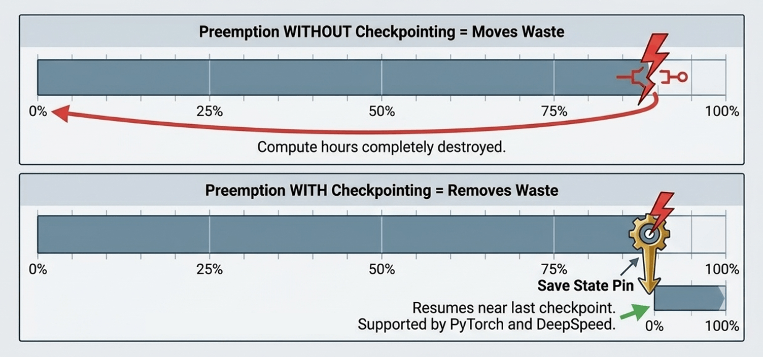 Figure 3 - Preempting a six-hour training job without saving state destroys six hours of compute. Checkpointing makes preempting safe to enable broadly.